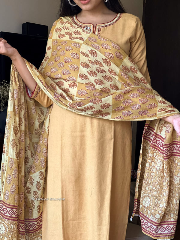 Mustard Blossom Embroidered Cotton Suit Set