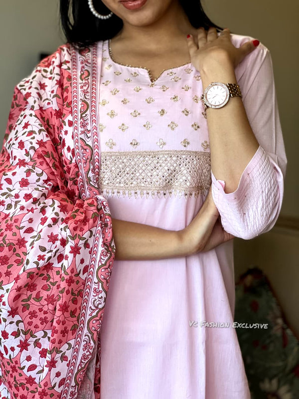 Blush Bloom Cotton Suit Set-Attached lining