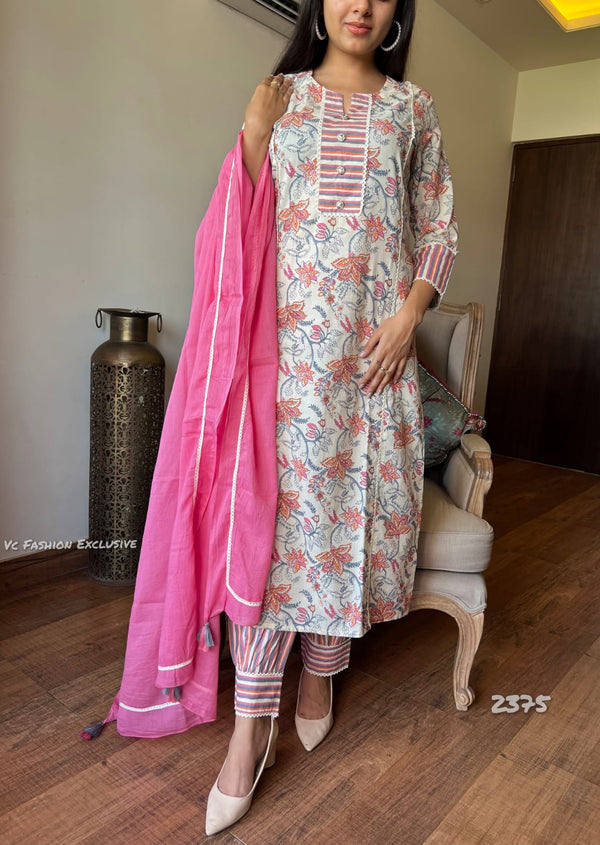 Gulbahaar β Pink Bloom Cotton Kurta Set