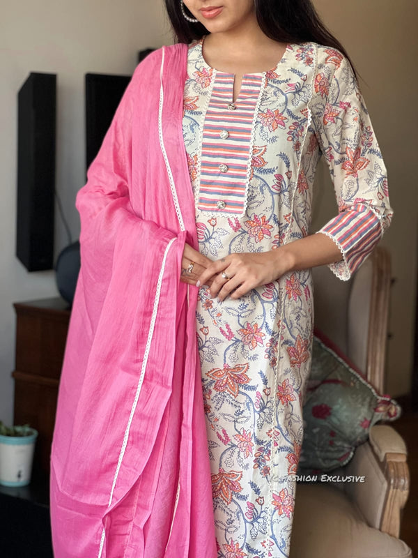 Gulbahaar β Pink Bloom Cotton Kurta Set