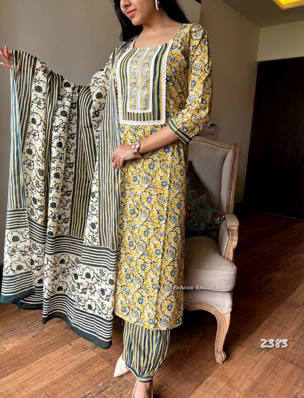 Sunburst Elegance β Yellow Floral Cotton Suit Set