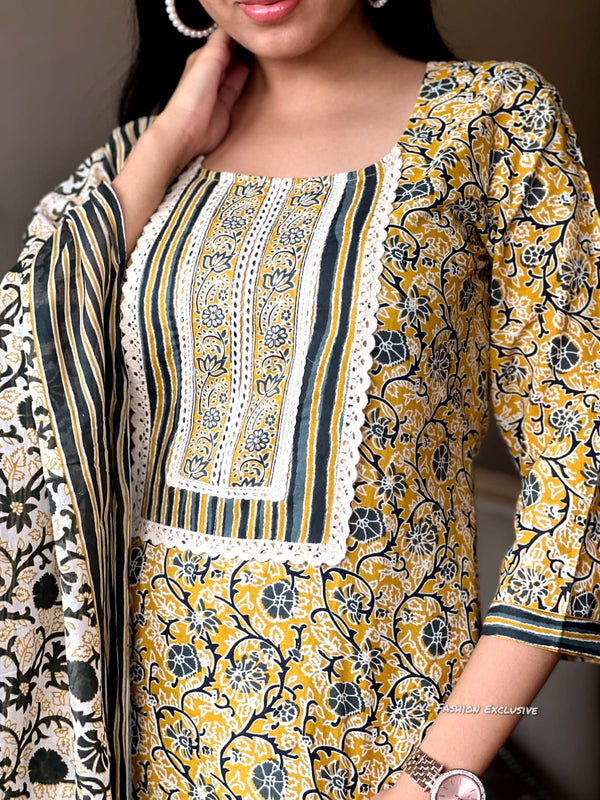 Sunburst Elegance β Yellow Floral Cotton Suit Set