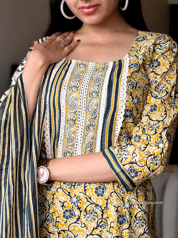 Sunburst Elegance β Yellow Floral Cotton Suit Set