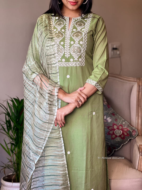 Olive Whisper Cotton Kurta Set