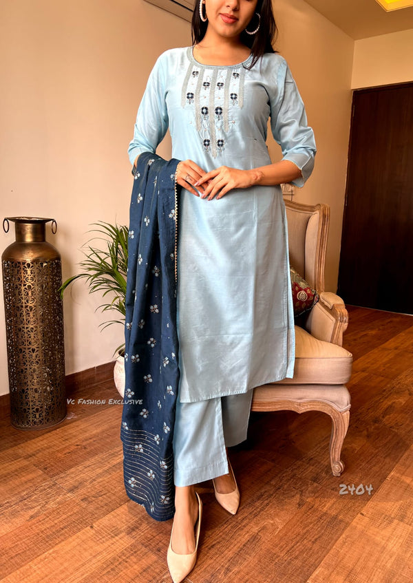 Misty Blue Bloom β Cotton Embroidered Suit Set