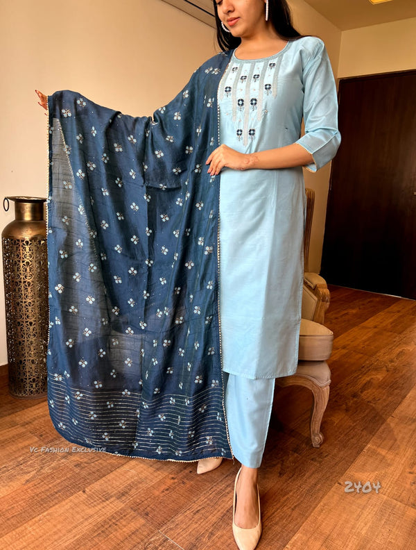Misty Blue Bloom β Cotton Embroidered Suit Set