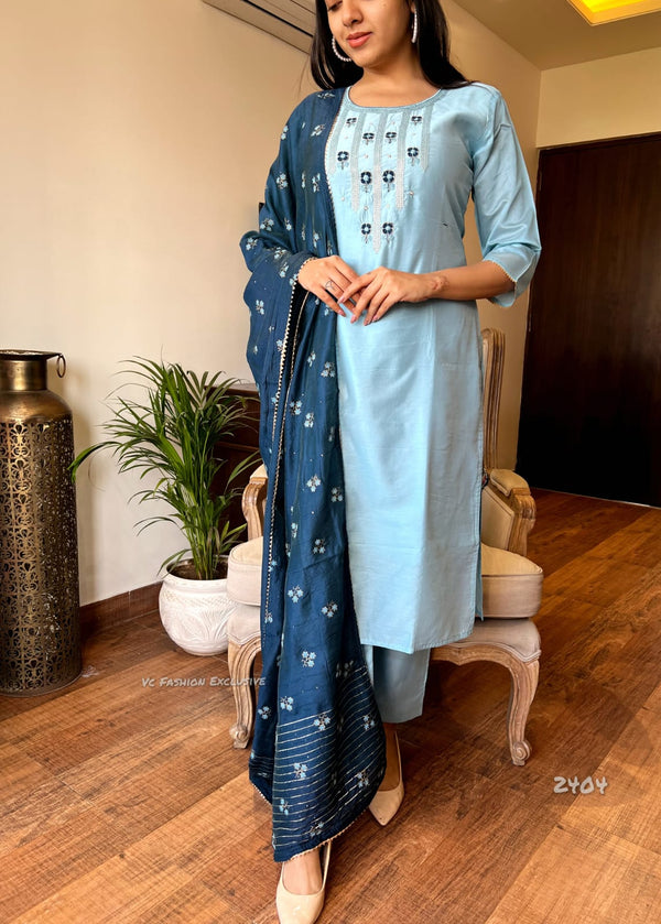 Misty Blue Bloom β Cotton Embroidered Suit Set