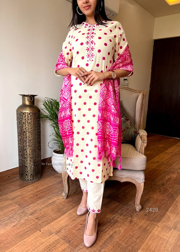 Polka Bloom Kurta Set β Ivory & Pink Magic β¨