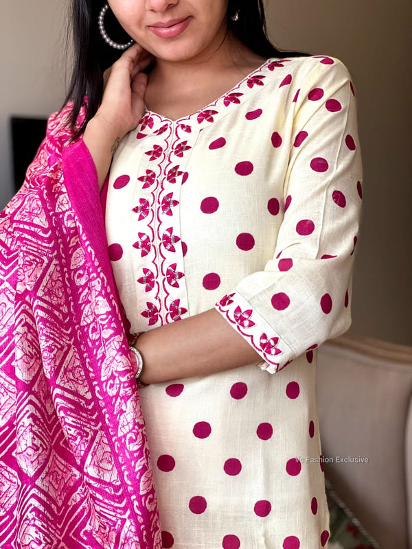 Polka Bloom Kurta Set β Ivory & Pink Magic β¨