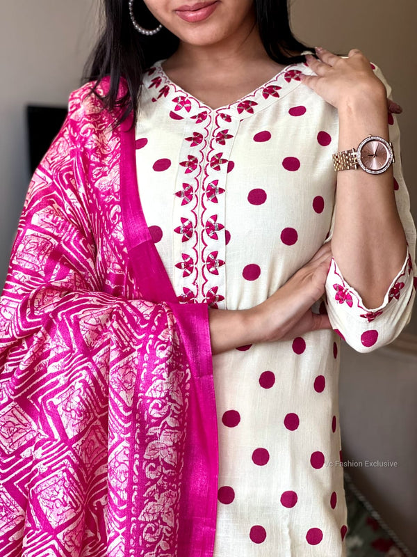 Polka Bloom Kurta Set β Ivory & Pink Magic β¨