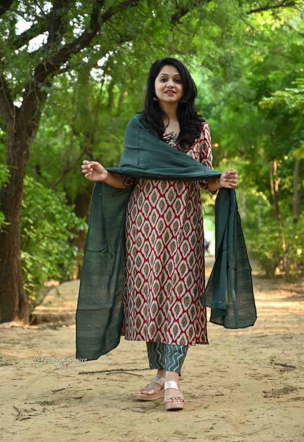 Meher Geometric Cotton Kurta Set β Teal Rust Edition