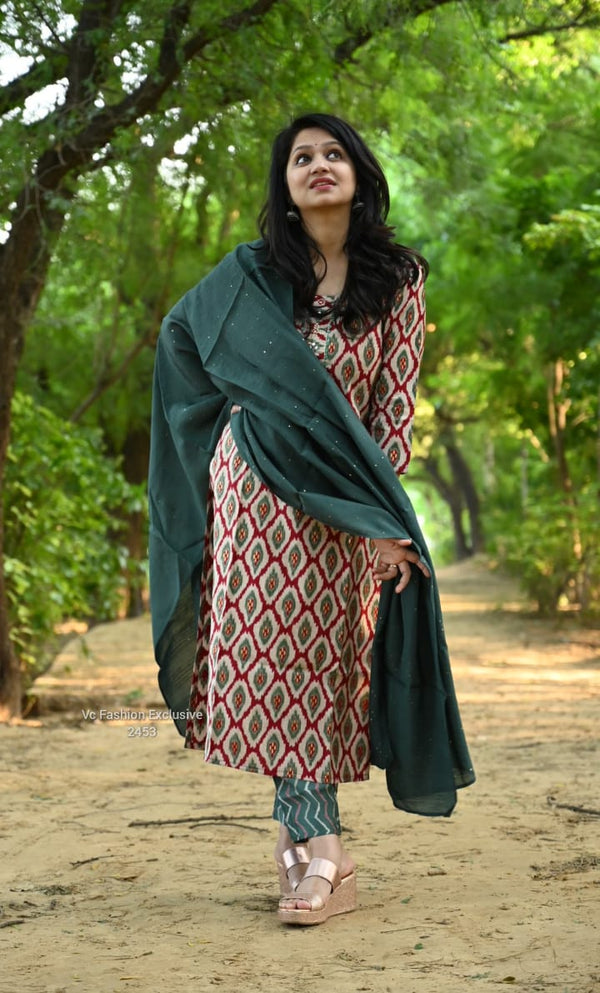 Meher Geometric Cotton Kurta Set β Teal Rust Edition