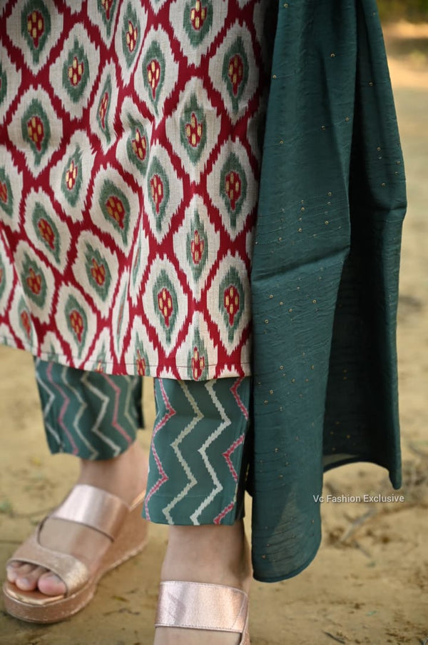 Meher Geometric Cotton Kurta Set β Teal Rust Edition