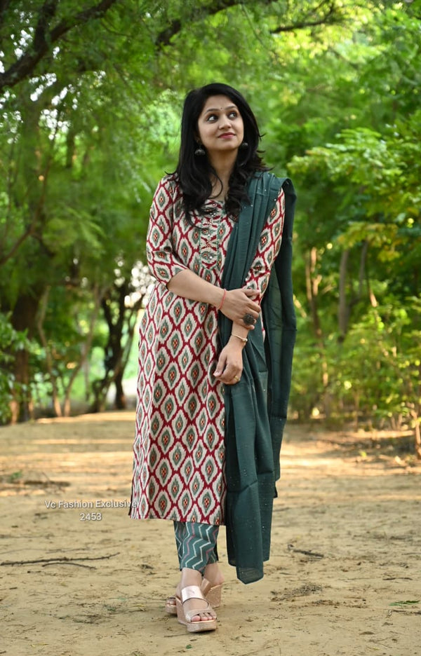 Meher Geometric Cotton Kurta Set β Teal Rust Edition