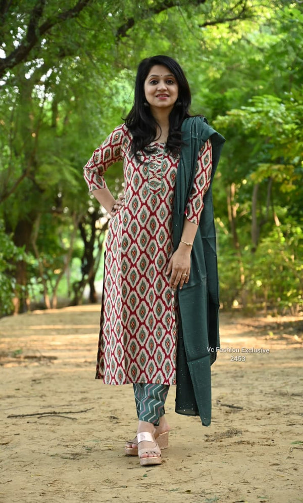 Meher Geometric Cotton Kurta Set β Teal Rust Edition