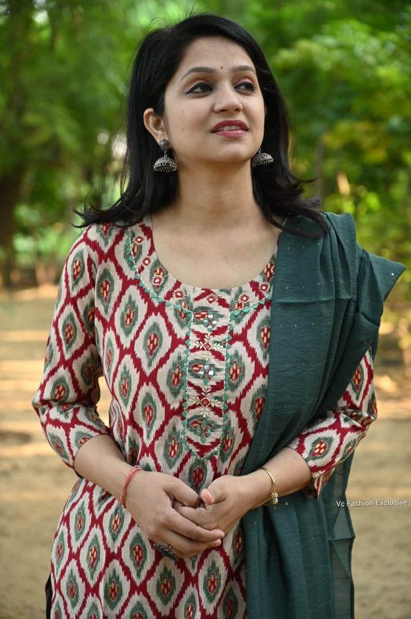 Meher Geometric Cotton Kurta Set β Teal Rust Edition