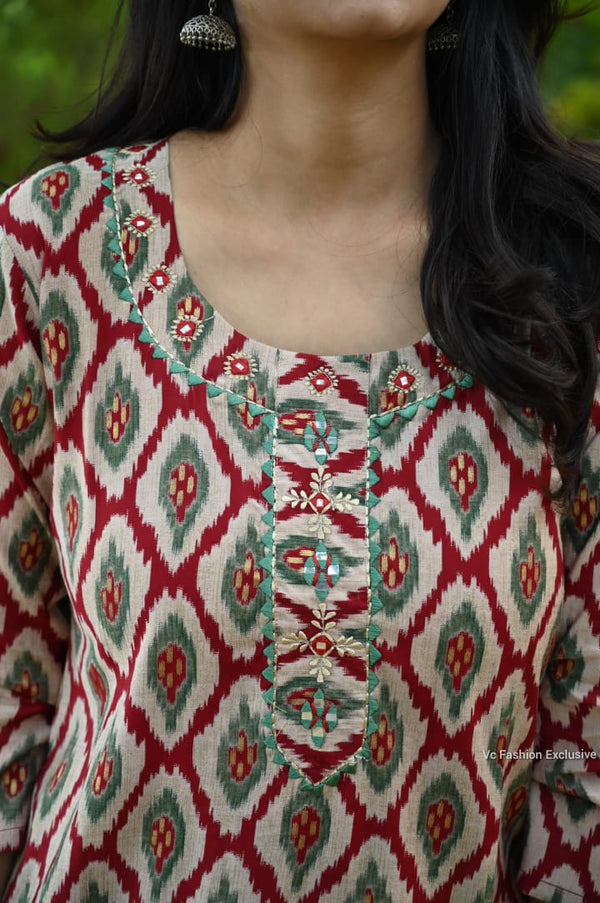 Meher Geometric Cotton Kurta Set β Teal Rust Edition