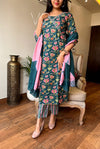 Teal Bloom Cotton Suit Set with Pink Dupatta