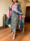 Teal Bloom Cotton Suit Set with Pink Dupatta
