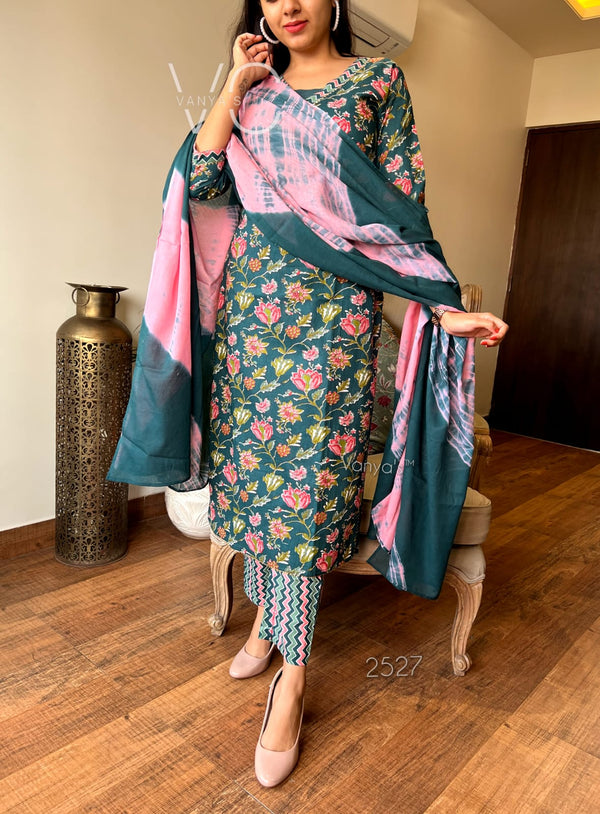 Teal Bloom Cotton Suit Set with Pink Dupatta