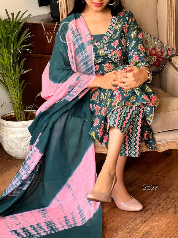 Teal Bloom Cotton Suit Set with Pink Dupatta