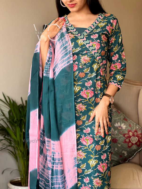 Teal Bloom Cotton Suit Set with Pink Dupatta