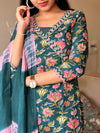 Teal Bloom Cotton Suit Set with Pink Dupatta