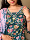Teal Bloom Cotton Suit Set with Pink Dupatta