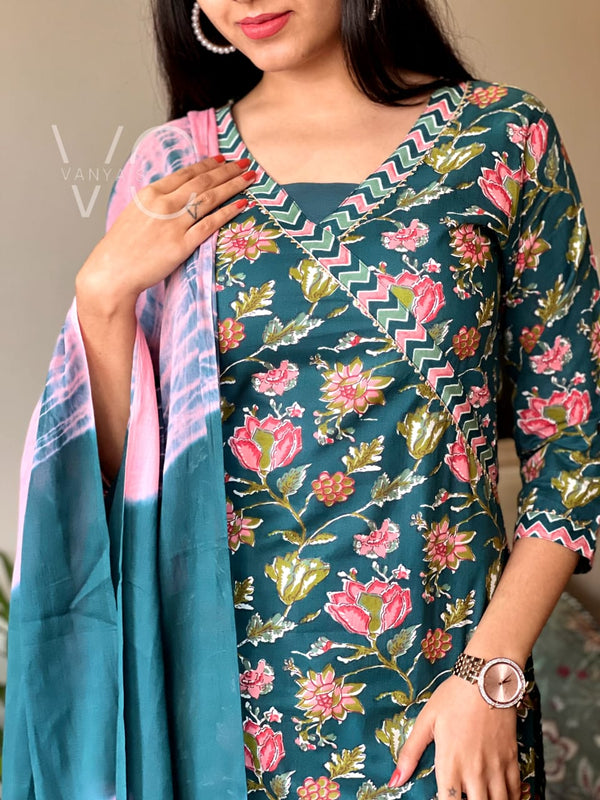 Teal Bloom Cotton Suit Set with Pink Dupatta