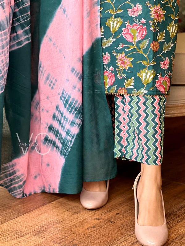 Teal Bloom Cotton Suit Set with Pink Dupatta