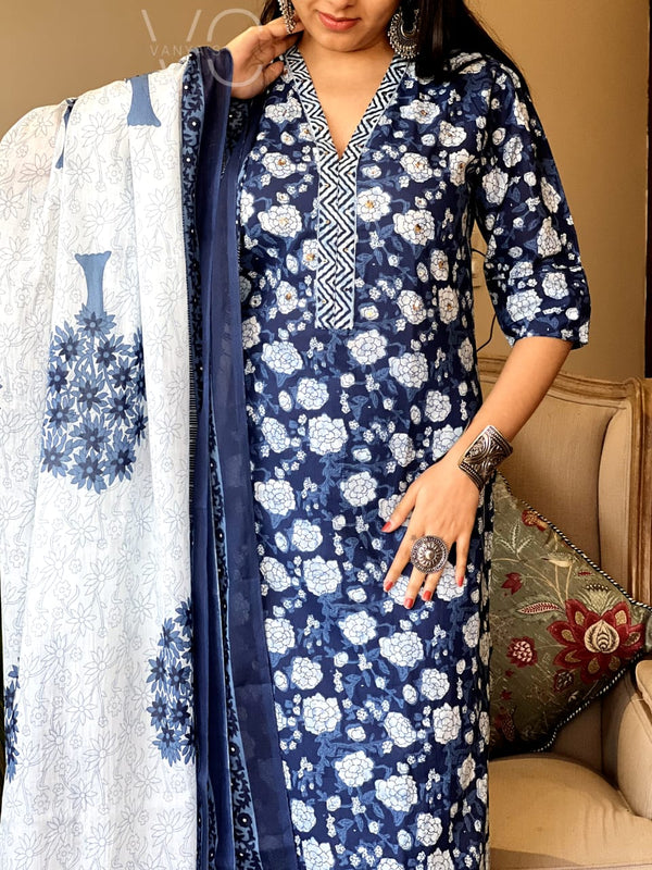 Indigo Bloom Cotton Suit Set