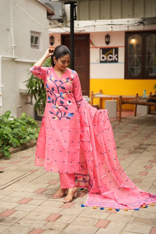 Blossom Peach Jamdani Cotton Suit Set