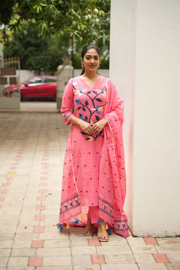 Blossom Peach Jamdani Cotton Suit Set