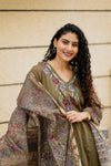 ✨Avanthika Olive Brown Cotton Embroidered Suit Set with Hand Block Doria Dupatta