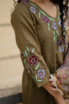 ✨Avanthika Olive Brown Cotton Embroidered Suit Set with Hand Block Doria Dupatta