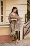 ✨Avanthika Olive Brown Cotton Embroidered Suit Set with Hand Block Doria Dupatta