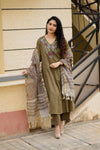 ✨Avanthika Olive Brown Cotton Embroidered Suit Set with Hand Block Doria Dupatta