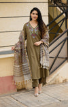 ✨Avanthika Olive Brown Cotton Embroidered Suit Set with Hand Block Doria Dupatta