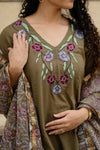 ✨Avanthika Olive Brown Cotton Embroidered Suit Set with Hand Block Doria Dupatta