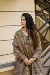 ✨Avanthika Olive Brown Cotton Embroidered Suit Set with Hand Block Doria Dupatta