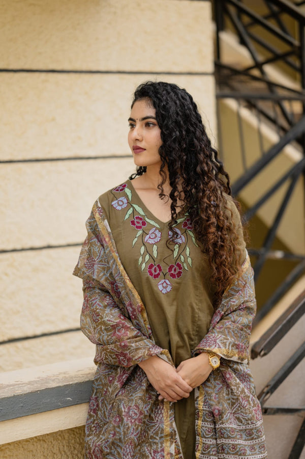 ✨Avanthika Olive Brown Cotton Embroidered Suit Set with Hand Block Doria Dupatta