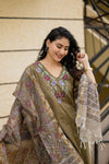 ✨Avanthika Olive Brown Cotton Embroidered Suit Set with Hand Block Doria Dupatta