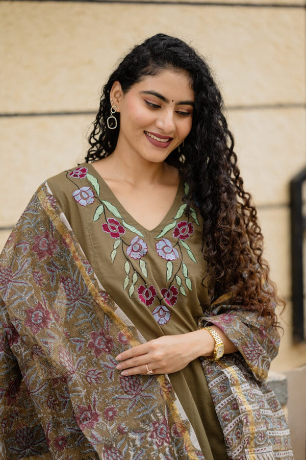 ✨Avanthika Olive Brown Cotton Embroidered Suit Set with Hand Block Doria Dupatta