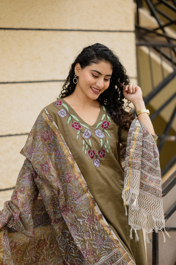 ✨Avanthika Olive Brown Cotton Embroidered Suit Set with Hand Block Doria Dupatta