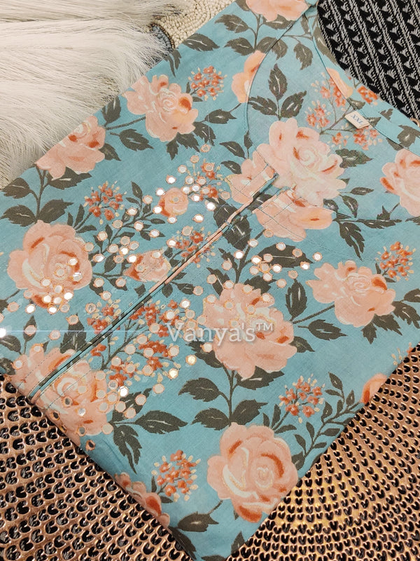 Charvi Aqua Floral Print Cotton Kurta Set