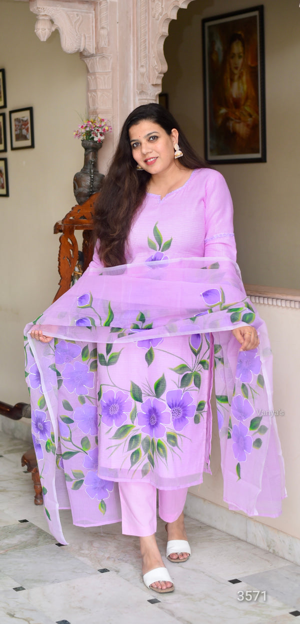 Hand Brush Kota Doria Suit Sets- Pastel Lavender