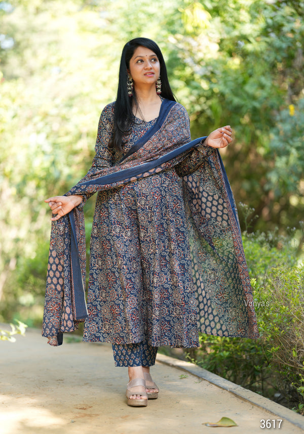 Manjiri Ajrak Cotton Anarkali Suit Sets- Blue