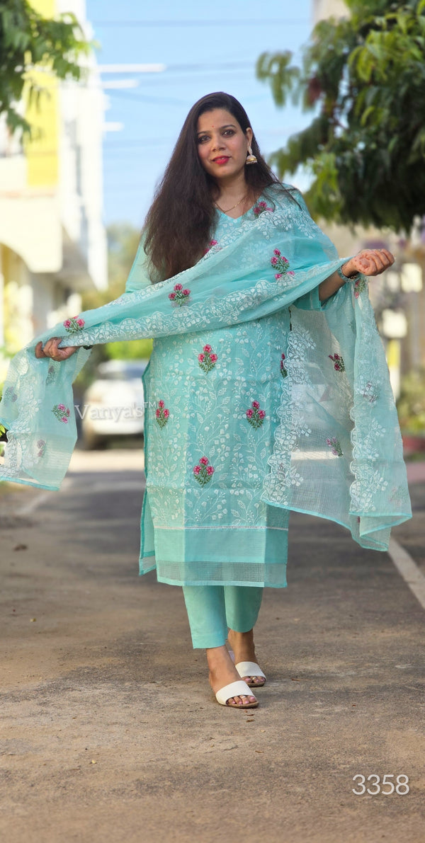 Meenakshi Aqua Embroidered Kota Doria