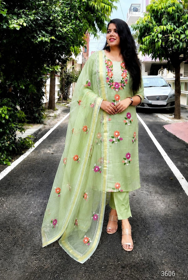 Phulwari Embroidery Kota Doria Suit- Mint and Cream