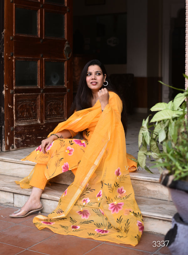 Hand Brush Kota Doria Suit Sets- Yellow